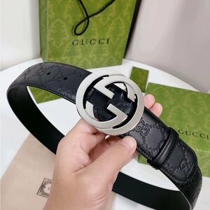 Gucci Silver GG Signature Leather Belt Men's Black